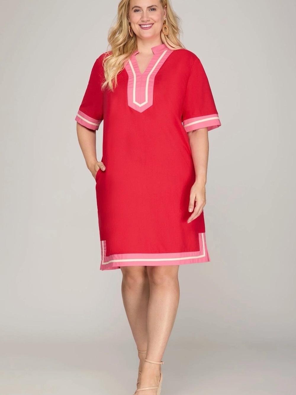 She + Sky Red Shift Dress with Pink Trim